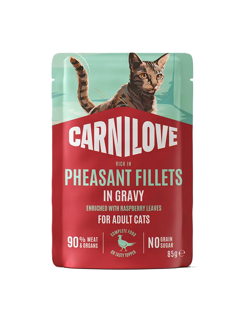 Cat Pouch Saus med høyt innhold av fasan, beriket med bringebærblader, 85 g