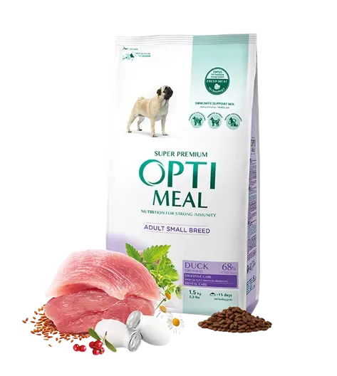 Complete dry pet food for adult dogs of small breeds - duck 1,5 kg