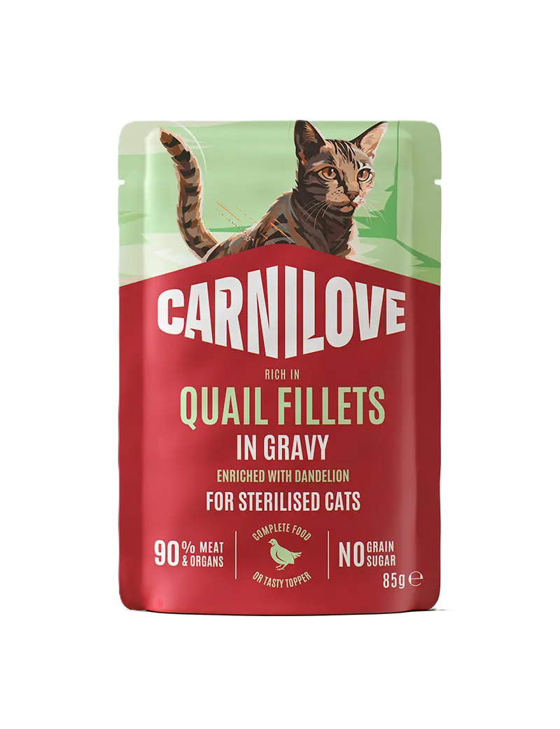 Cat Pouch med saus, rik på vaktel og beriket med løvetann, for kastrerte katter, 85 g