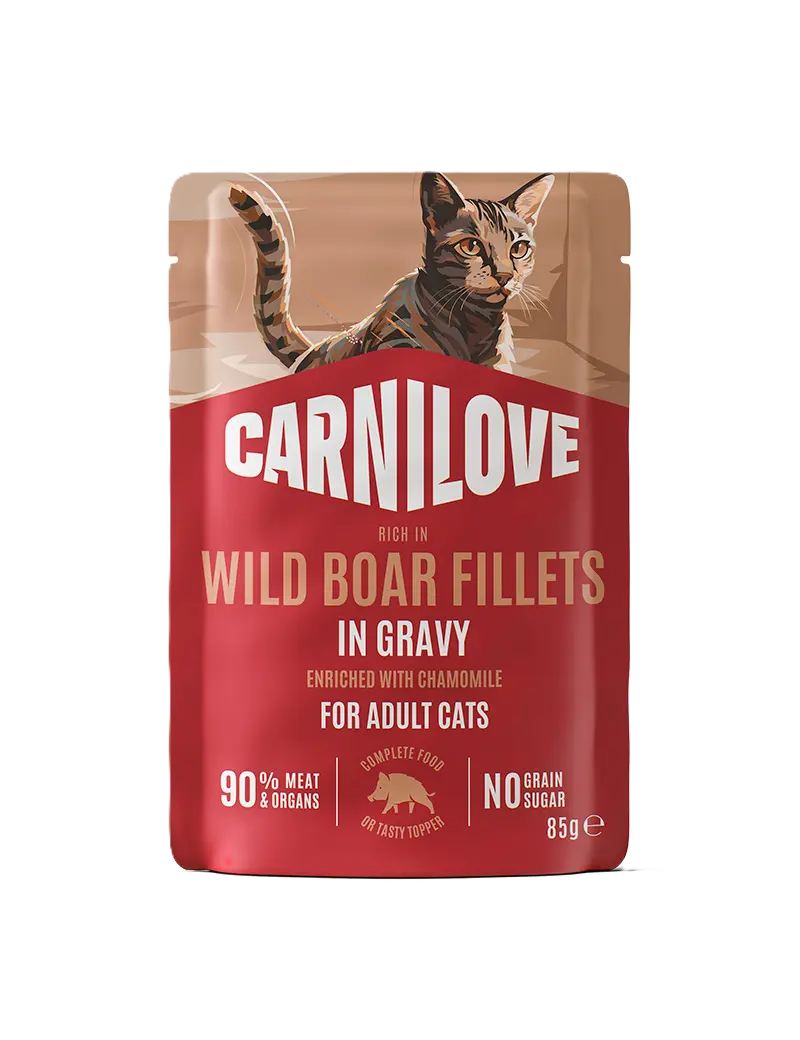 Cat Pouch Saus med høyt innhold av villsvin, beriket med kamille, 85 g