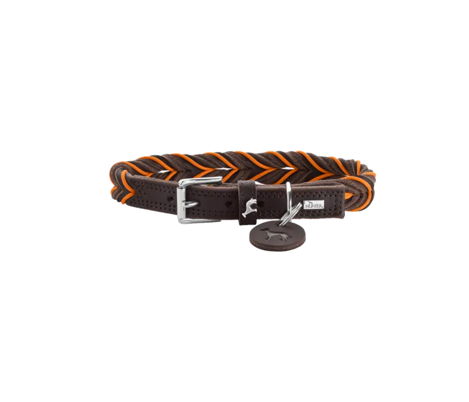 Hundehalsbånd Solid Education Cord Kuskinn Mørkebrun/Orange S 45cm
