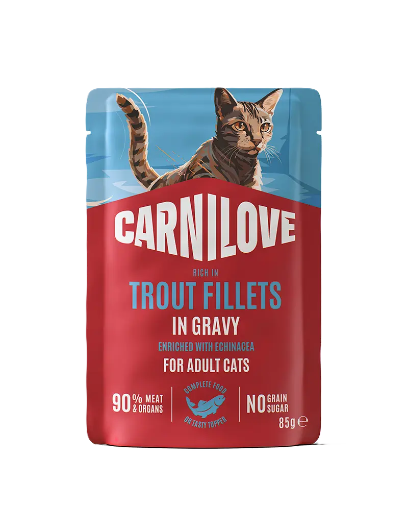 Cat Pouch med saus rik på ørret, tilsatt Echinacea, 85 g