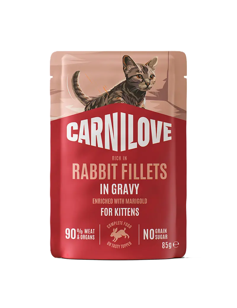 Cat Pouch Saus med høyt innhold av kanin, beriket med ringblomst, for kattunger, 85 g