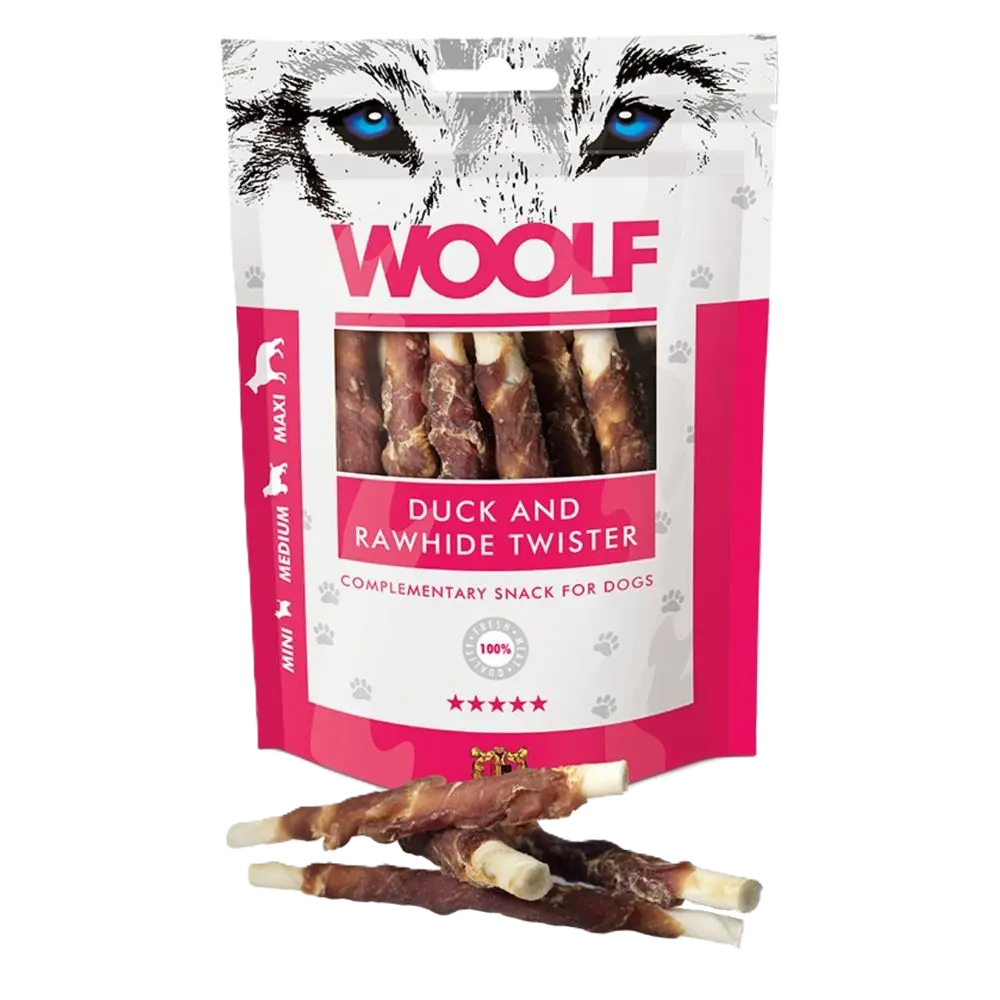 WOOLF Duck and Rawhide Twister - tyggeben med ænde til hund